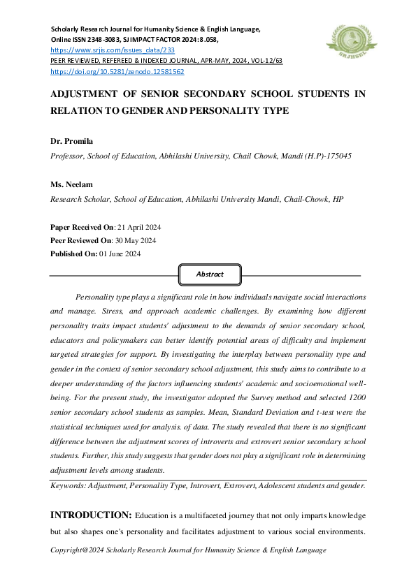 (PDF) ADJUSTMENT OF SENIOR SECONDARY SCHOOL STUDENTS IN RELATION TO ...
