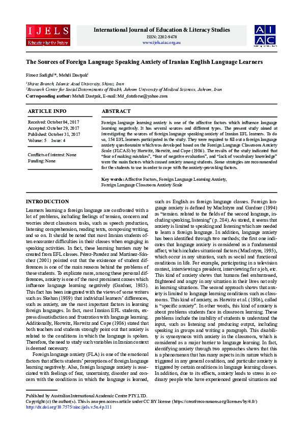(PDF) The Sources of Foreign Language Speaking Anxiety of Iranian ...