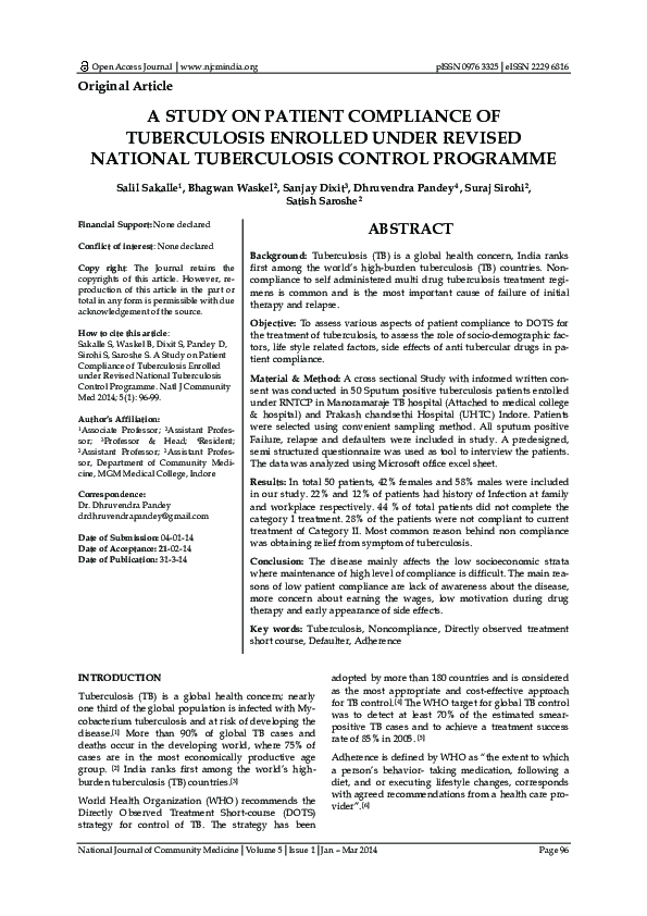 (PDF) A STUDY ON PATIENT COMPLIANCE OF TUBERCULOSIS ENROLLED UNDER ...