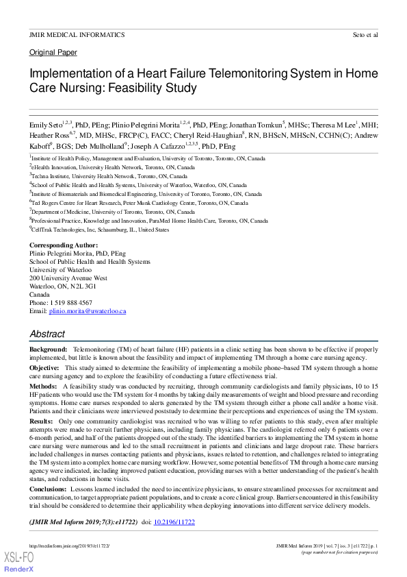 (PDF) Implementation of a Heart Failure Telemonitoring System in Home ...