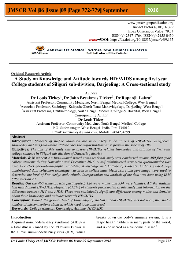 (PDF) A Study on Knowledge and Attitude towards HIV/AIDS among first ...