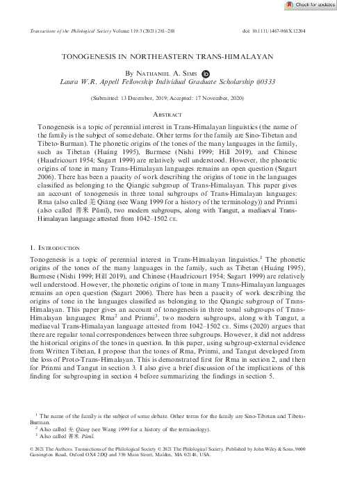 (PDF) Tonogenesis in Northeastern Trans‐Himalayan
