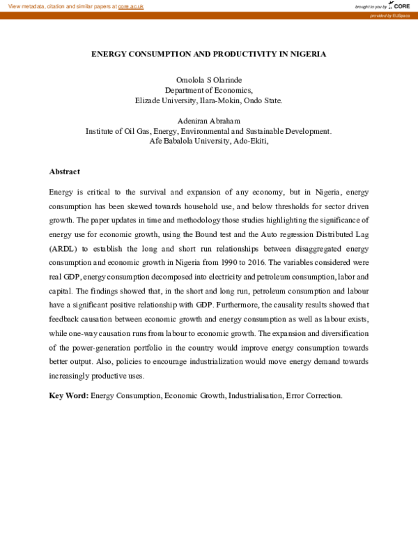 (PDF) Energy Consumption and Productivity in Nigeria