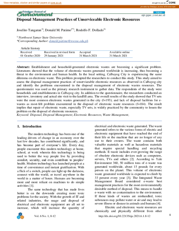 (PDF) Disposal Management Practices of Unserviceable Electronic Resources
