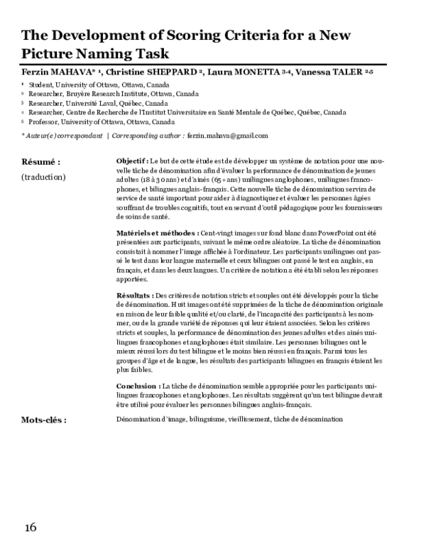 (PDF) The Development of Scoring Criteria for a New Picture Naming Task
