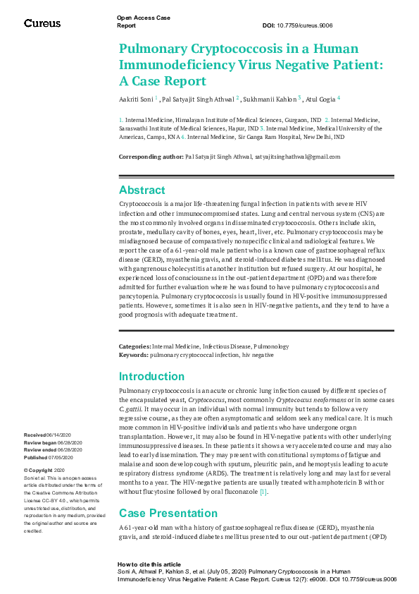 (PDF) Pulmonary Cryptococcosis in a Human Immunodeficiency Virus ...