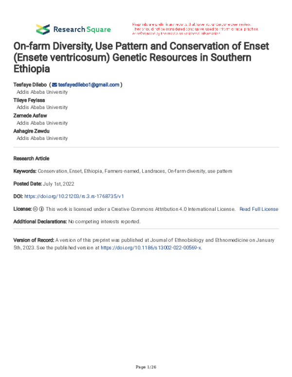 (PDF) On-farm Diversity, Use Pattern and Conservation of Enset (Ensete ...