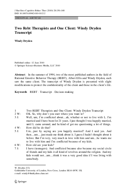 (PDF) Two Rebt Therapists and One Client: Windy Dryden Transcript