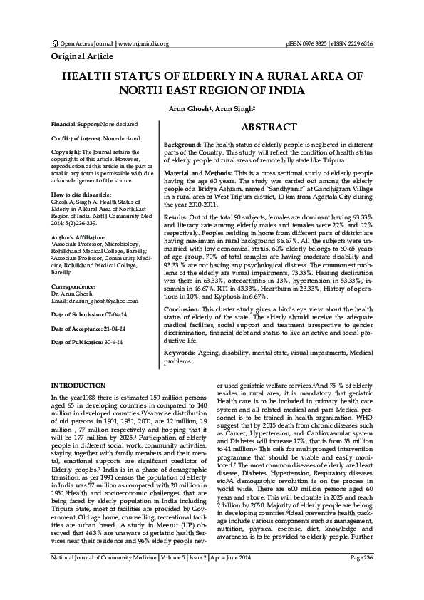 (PDF) HEALTH STATUS OF ELDERLY IN A RURAL AREA OF NORTH EAST REGION OF ...