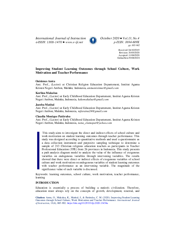 (PDF) Improving Student Learning Outcomes through School Culture, Work ...
