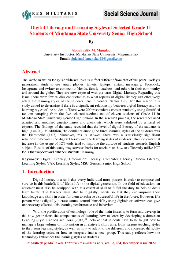 (PDF) Digital Literacy and Learning Styles of Selected Grade 11 ...