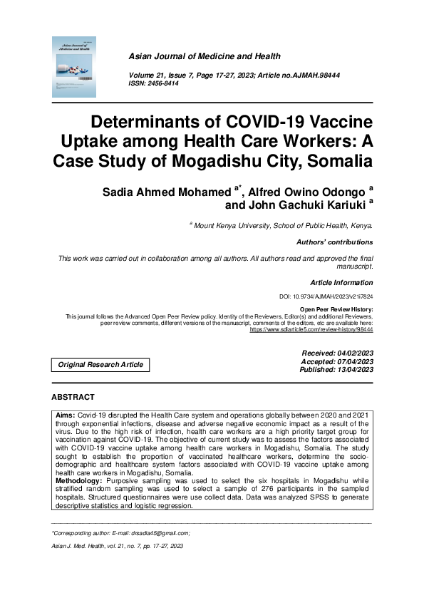 (PDF) Determinants of COVID-19 Vaccine Uptake among Health Care Workers ...