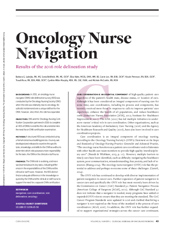 (PDF) Oncology Nurse Navigation: Results of the 2016 Role Delineation Study