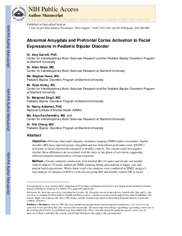 (PDF) Abnormal amygdala and prefrontal cortex activation to facial ...