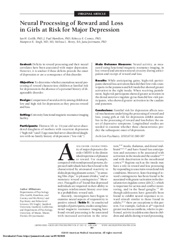 (PDF) Neural Processing of Reward and Loss in Girls at Risk for Major ...