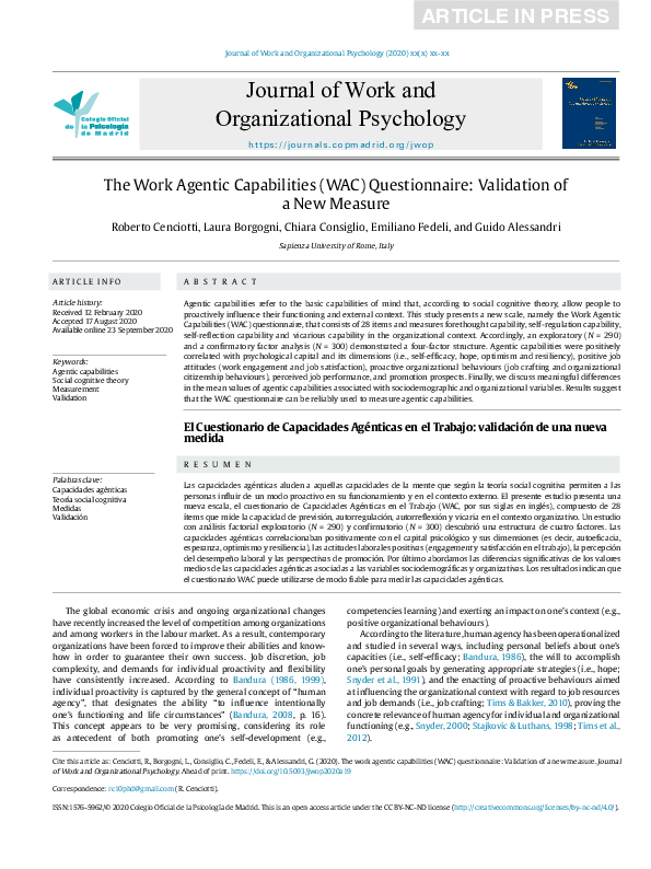 (PDF) The Work Agentic Capabilities (WAC) Questionnaire: Validation of ...