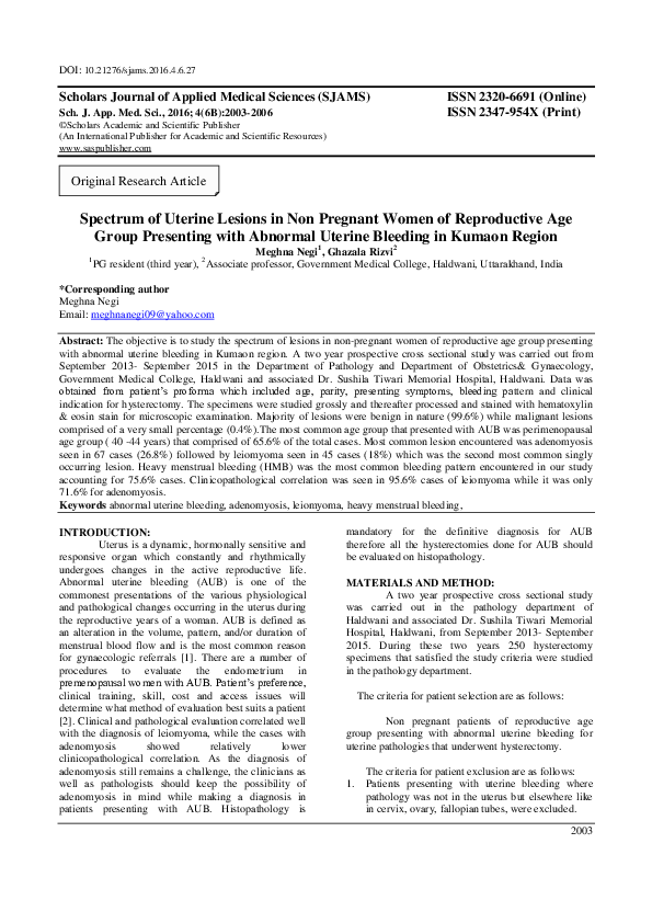 (PDF) Spectrum of Uterine Lesions in Non Pregnant Women of Reproductive ...