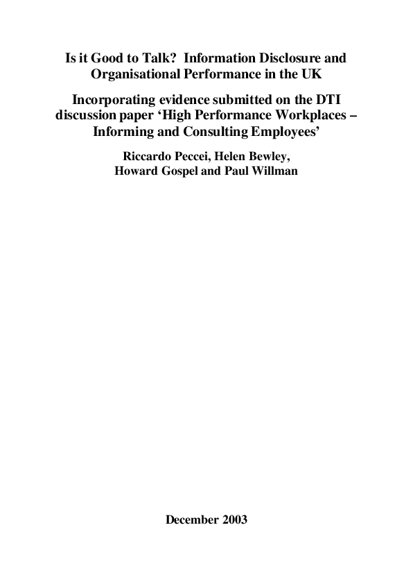 (PDF) Is it Good to Talk? Information Disclosure and Organisational ...