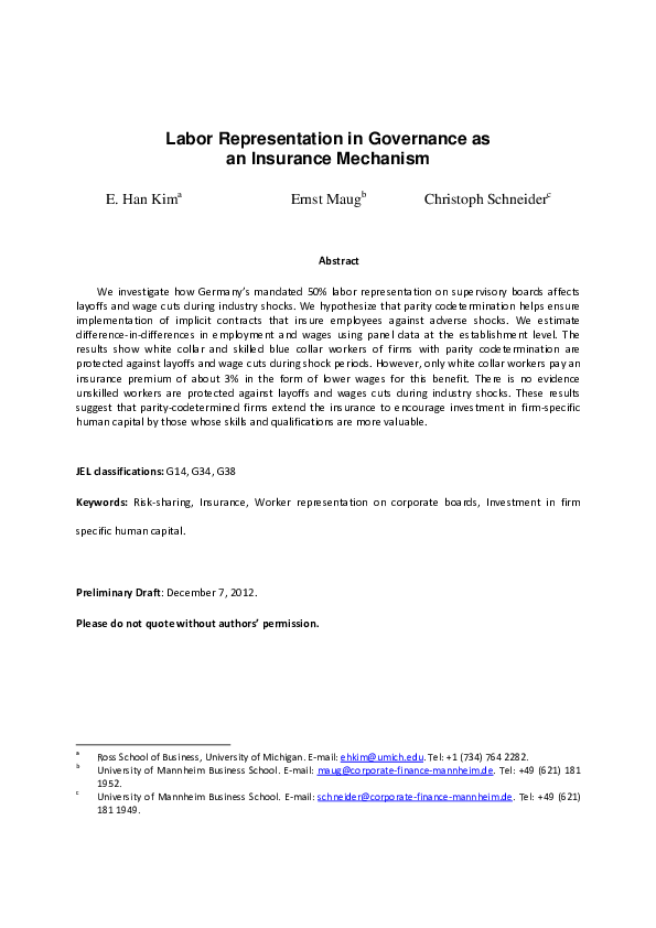 (PDF) Labor Representation in Governance as an Insurance Mechanism