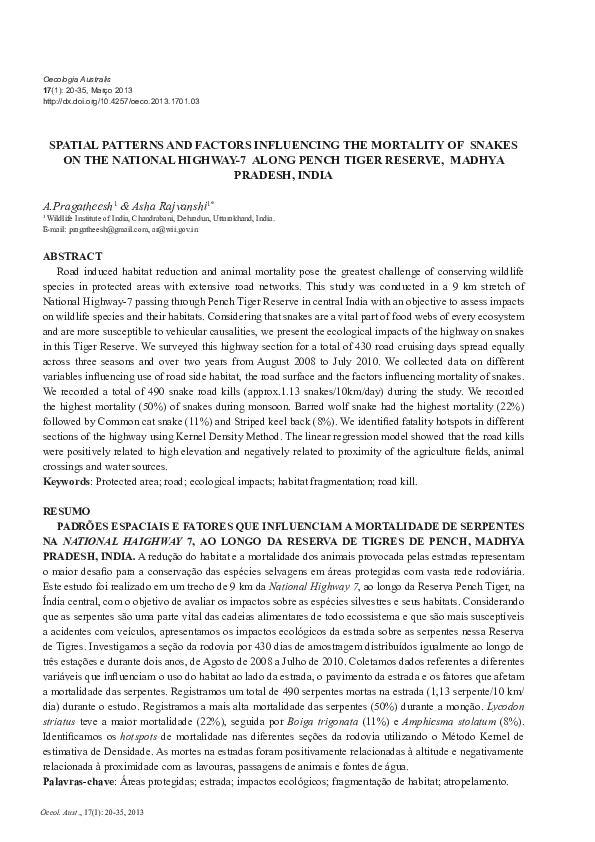 (PDF) Spatial Patterns and Factors Influencing the Mortality of Snakes ...
