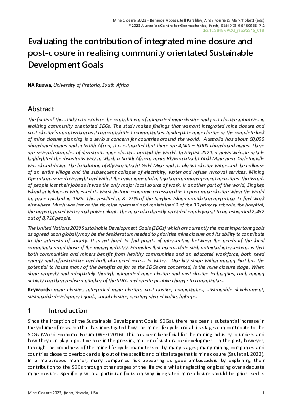 (PDF) Evaluating the contribution of integrated mine closure and post ...