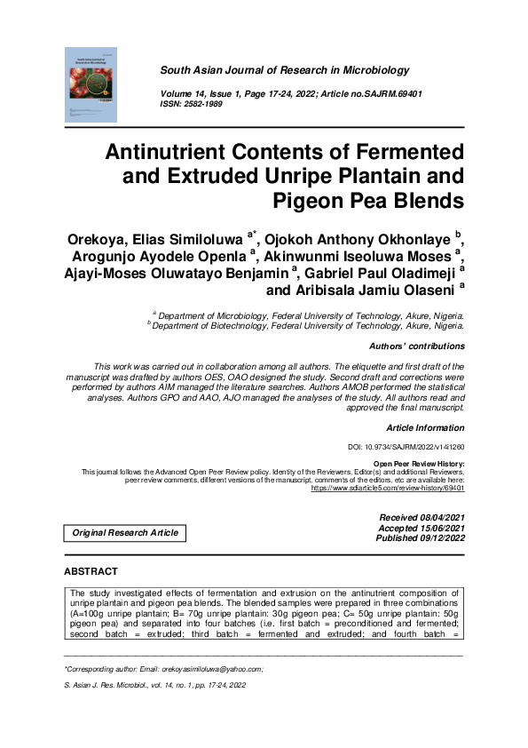 (PDF) Antinutrient Contents of Fermented and Extruded Unripe Plantain ...