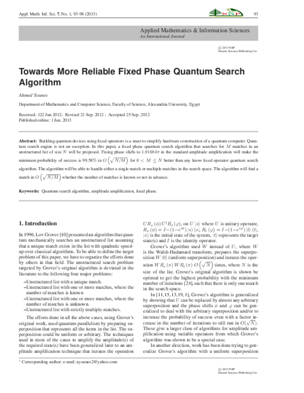 (PDF) Towards More Reliable Fixed Phase Quantum Search Algorithm