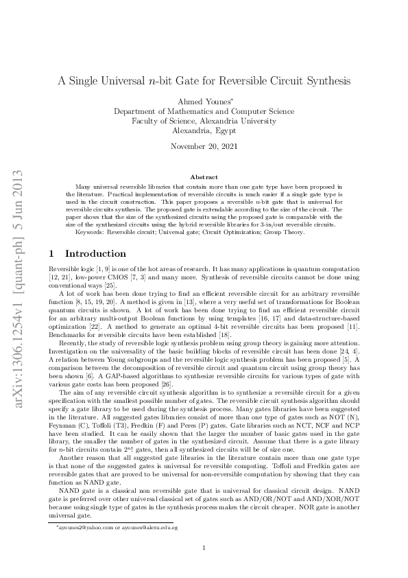(PDF) 3 A Single Universal n-bit Gate for Reversible Circuit Synthesis