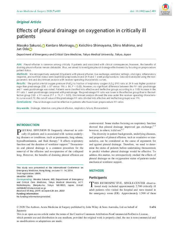 (PDF) Effects of pleural drainage on oxygenation in critically ill patients