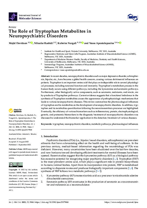 (PDF) The Role of Tryptophan Metabolites in Neuropsychiatric Disorders