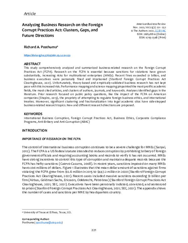 (PDF) Analyzing Business Research on the Foreign Corrupt Practices Act ...