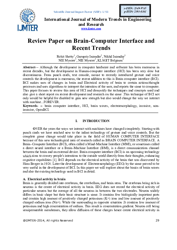 (PDF) Review Paper on Brain-Computer interface and recent trends