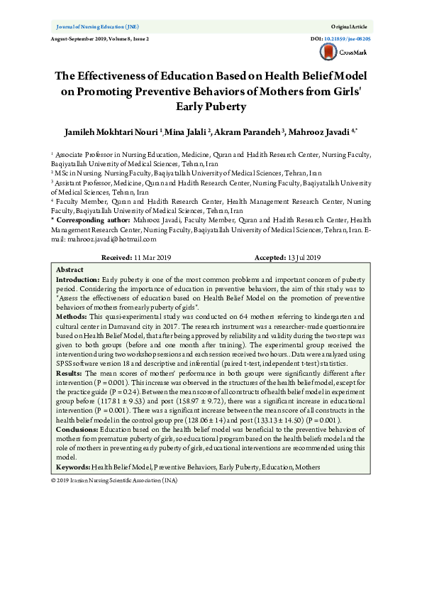 (PDF) The Effectiveness of Education Based on Health Belief Model on ...