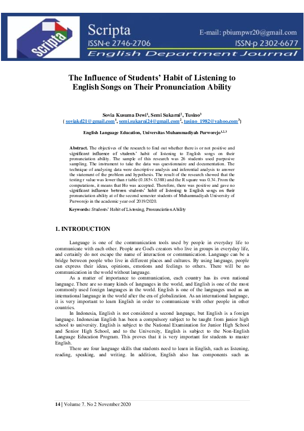 (PDF) The Influence of Students’ Habit of Listening to English Songs on ...