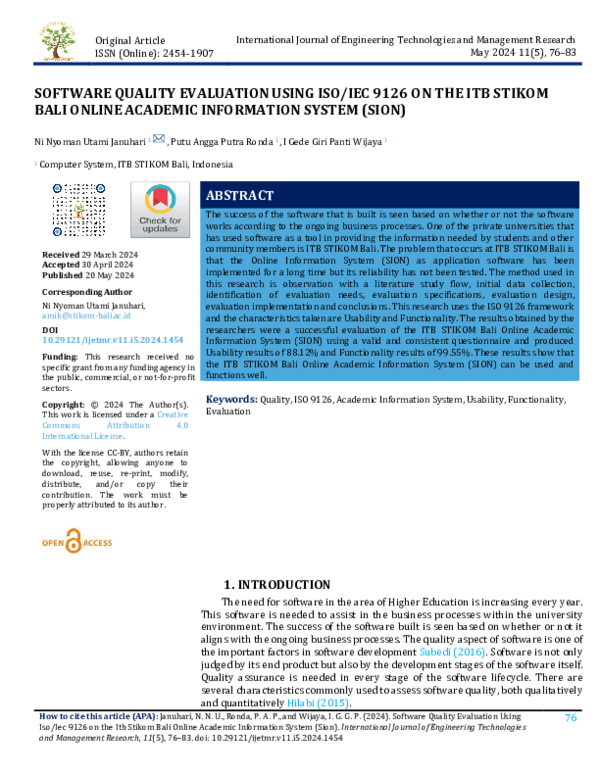 (PDF) SOFTWARE QUALITY EVALUATION USING ISO/IEC 9126 ON THE ITB STIKOM ...