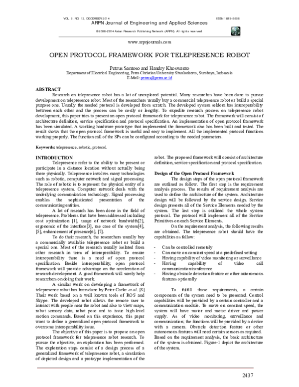 (PDF) Open protocol framework for telepresence robot