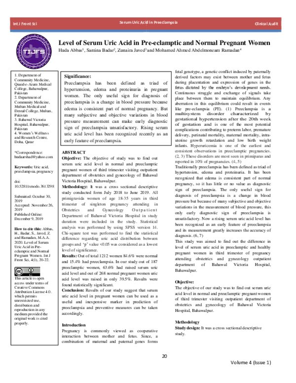 (PDF) Serum Uric Acid in Preeclampsia Level of Serum Uric Acid in Pre ...