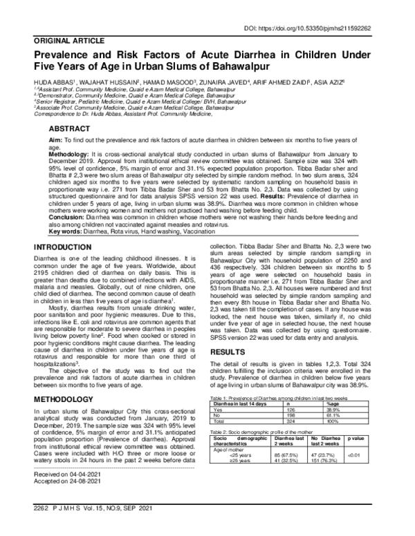 (PDF) Prevalence and Risk Factors of Acute Diarrhea in Children Under ...