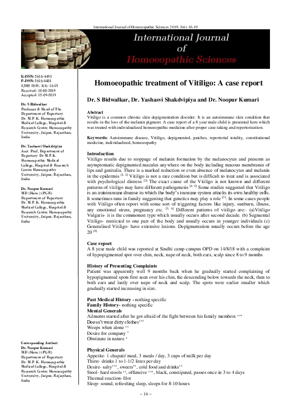 (PDF) Homoeopathic treatment of Vitiligo: A case report