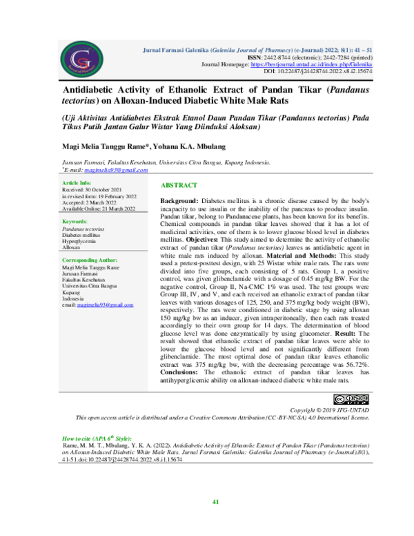 (PDF) The Antidiabetic Activity of Ethanolic Extract of Pandan Tikar ...