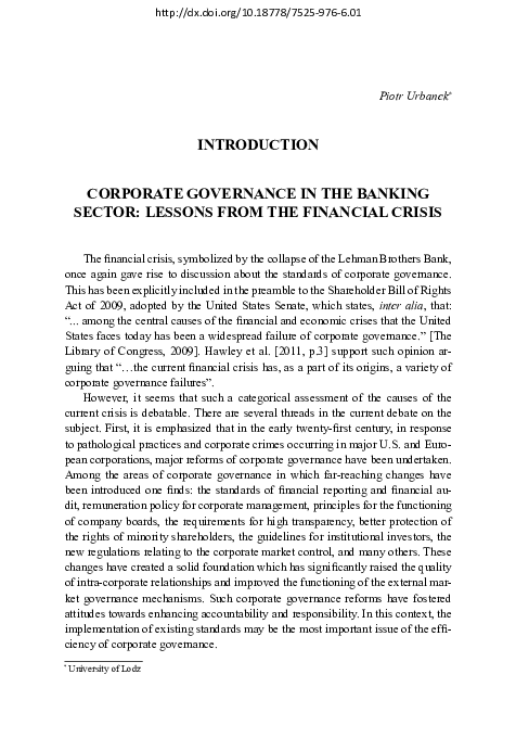 (PDF) Introduction. Corporate Governance in the banking sector: Lessons ...