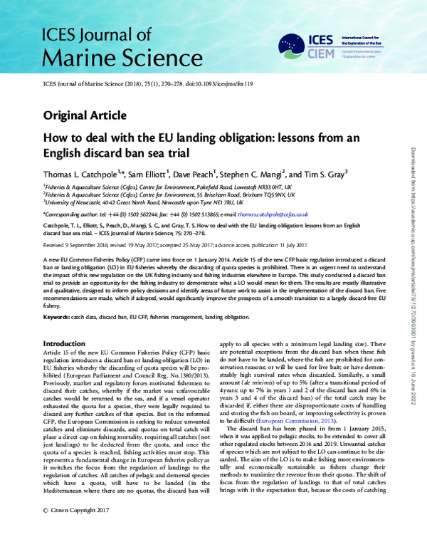 (PDF) How to deal with the EU landing obligation: lessons from an ...