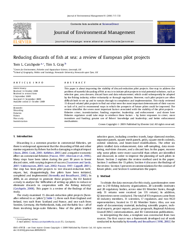 (PDF) Reducing discards of fish at sea: a review of European pilot projects