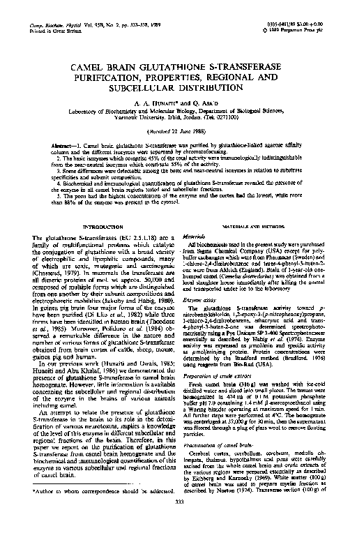 PDF) Camel brain glutathione S-transferase purification, properties,  regional and subcellular distribution