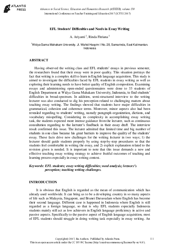 (PDF) EFL Students' Difficulties and Needs in Essay Writing