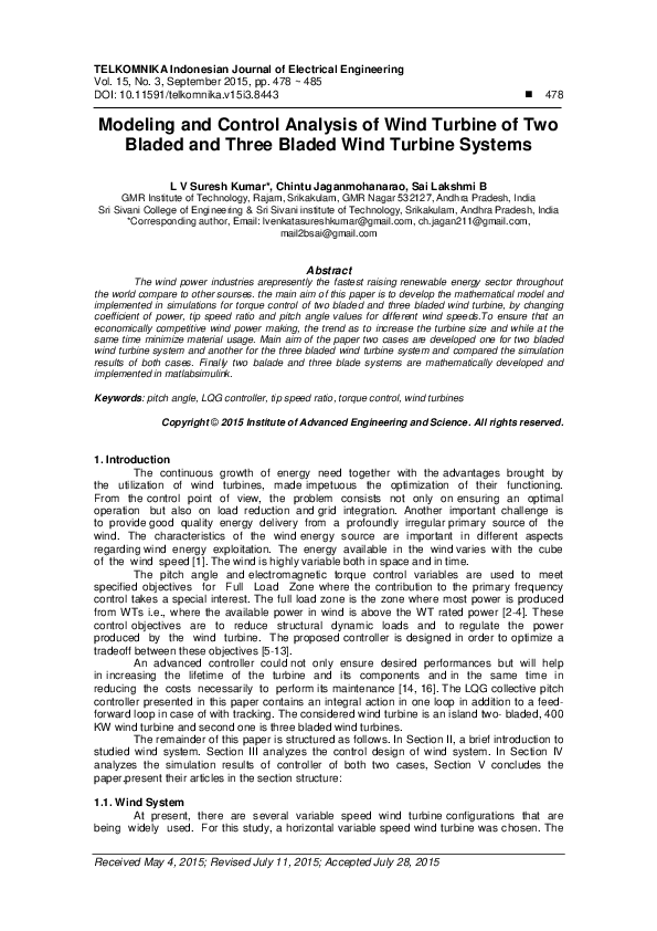 (PDF) Modeling and Control Analysis of Wind Turbine of Two Bladed and ...