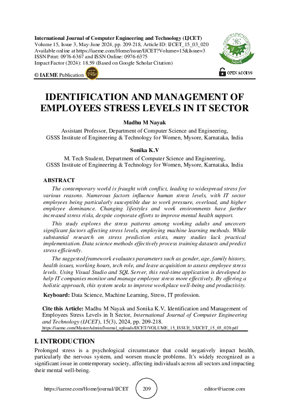 (PDF) IDENTIFICATION AND MANAGEMENT OF EMPLOYEES STRESS LEVELS IN IT SECTOR