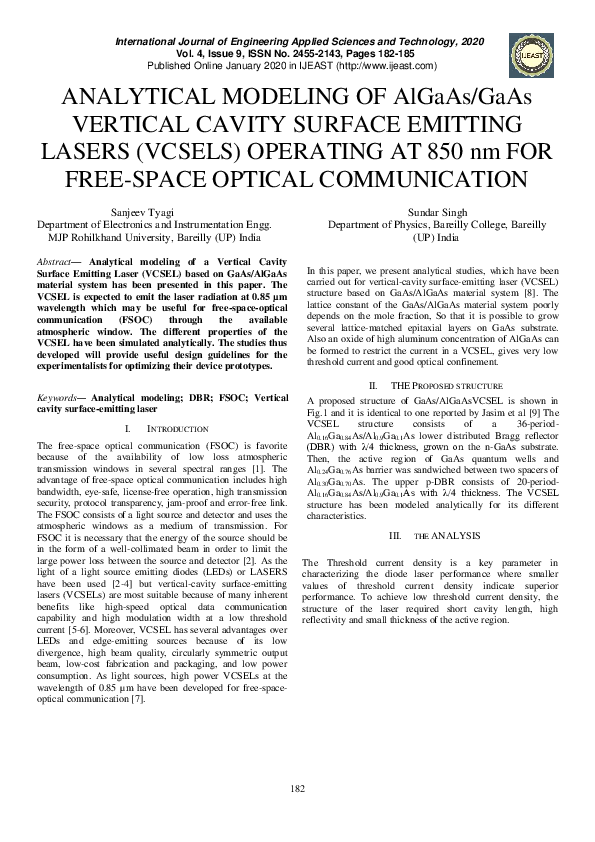 (PDF) ANALYTICAL MODELING OF AlGaAs/GaAs VERTICAL CAVITY SURFACE ...