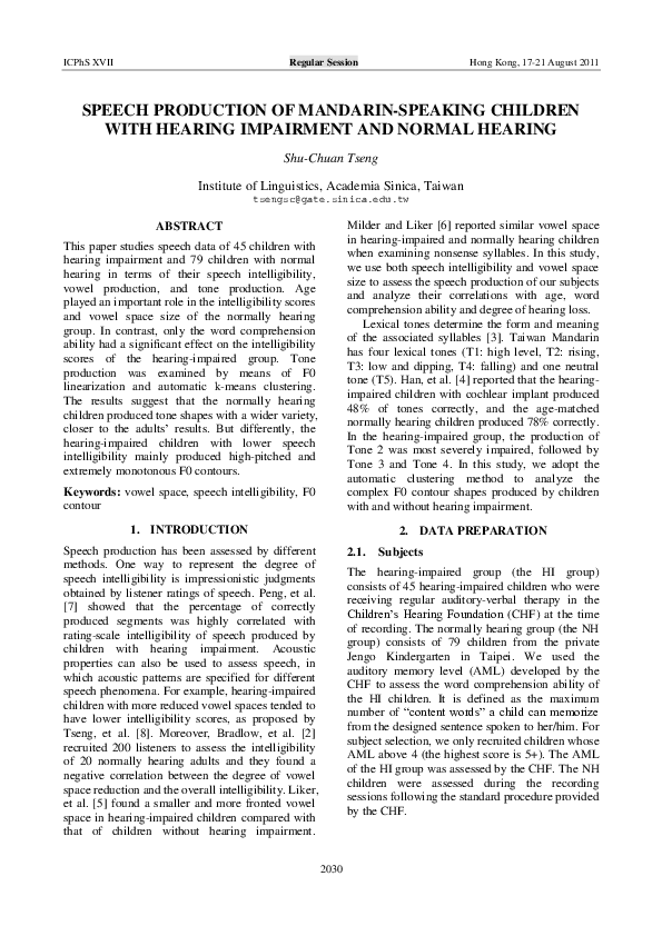 (PDF) Speech Production of Mandarin-speaking Children with Hearing ...