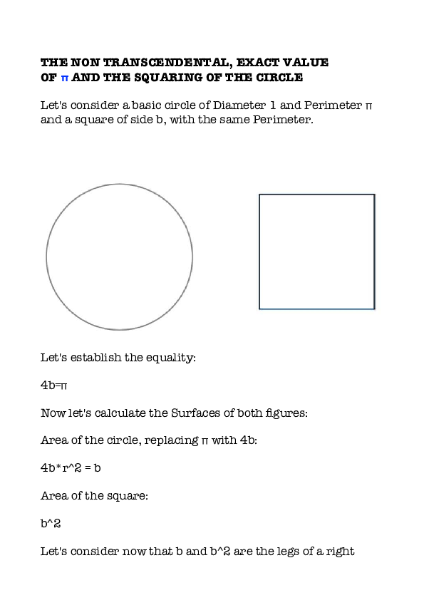 (PDF) THE NON TRANSCENDENTAL, EXACT VALUE OF π AND THE SQUARING OF THE ...